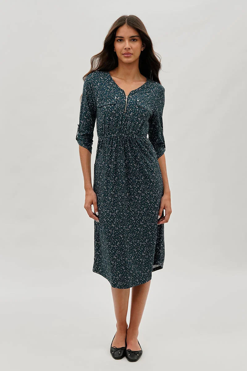 International INC Company Floral Front Zip Midi Dress - Teal