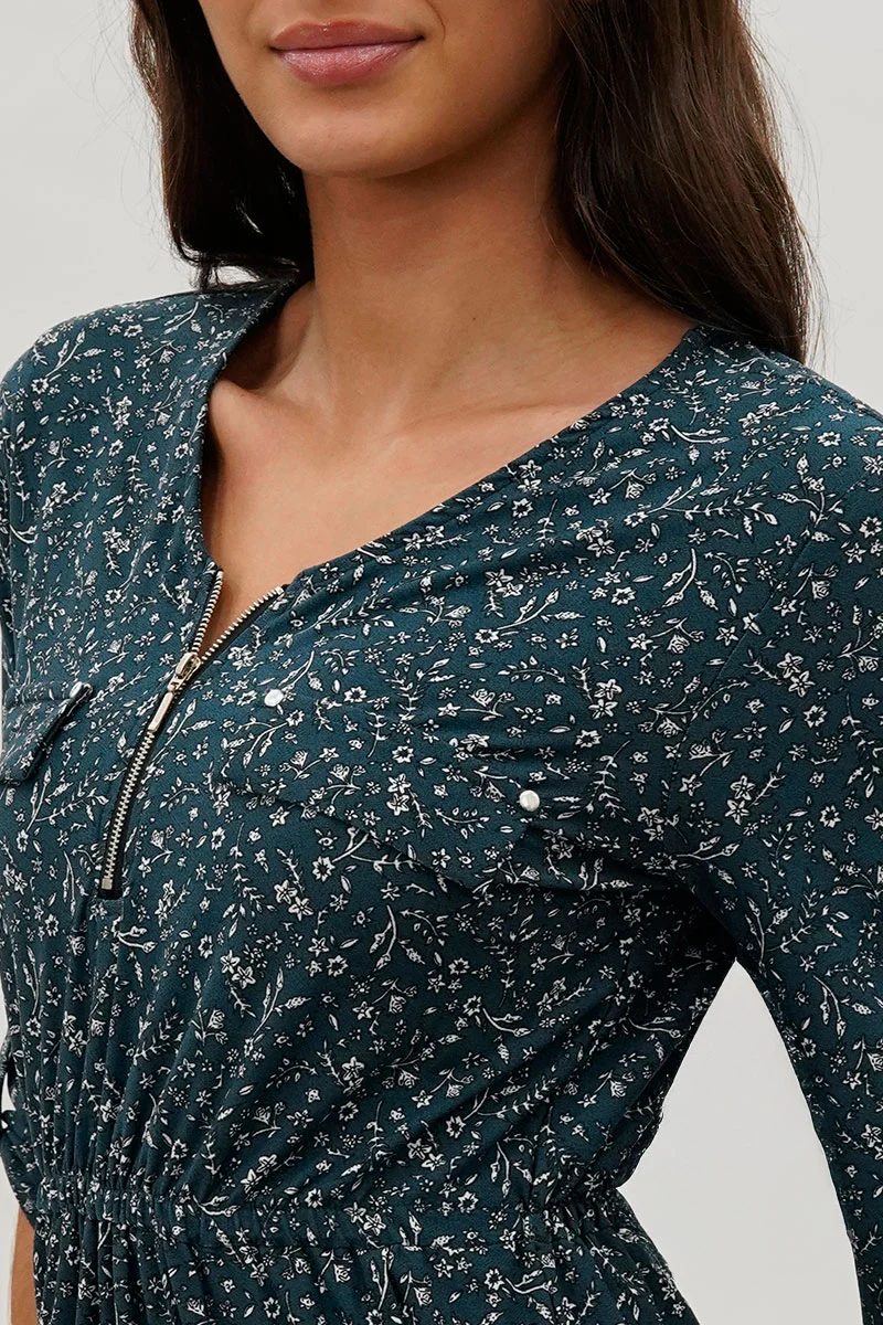 International INC Company Floral Front Zip Midi Dress - Teal - Image 4