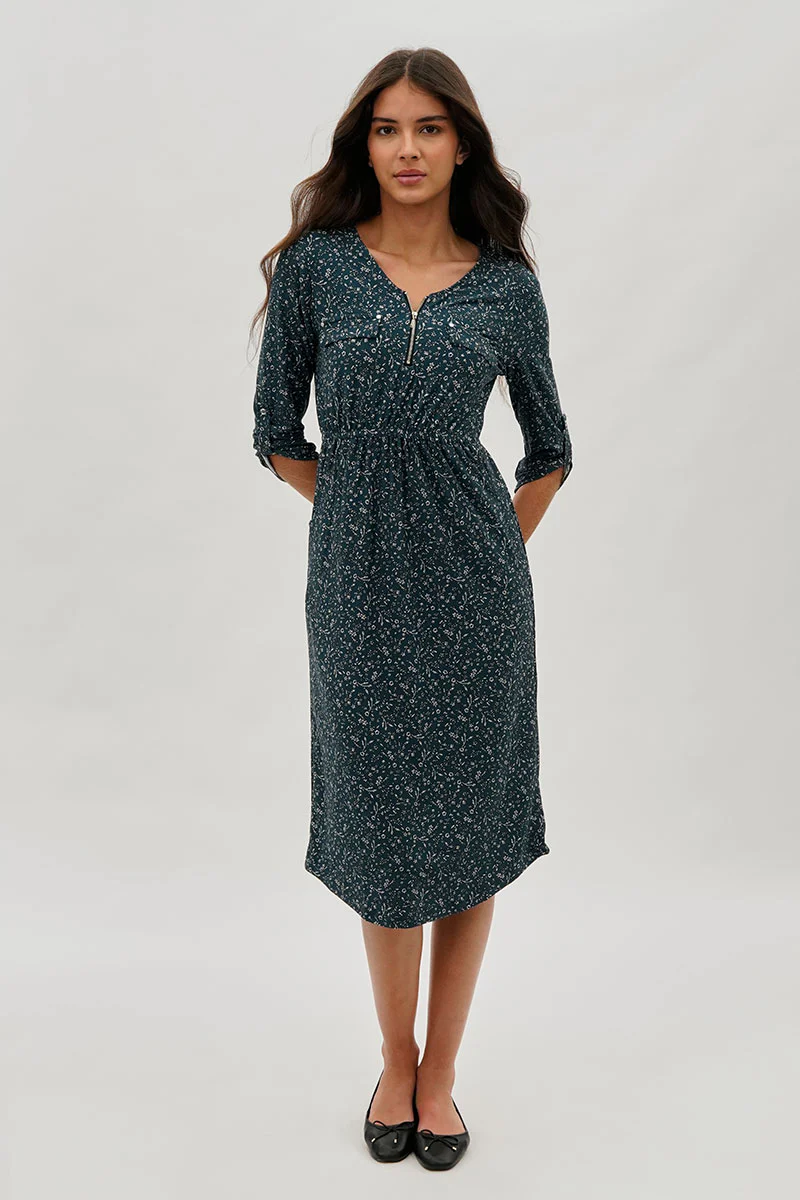 International INC Company Floral Front Zip Midi Dress - Teal - Image 5