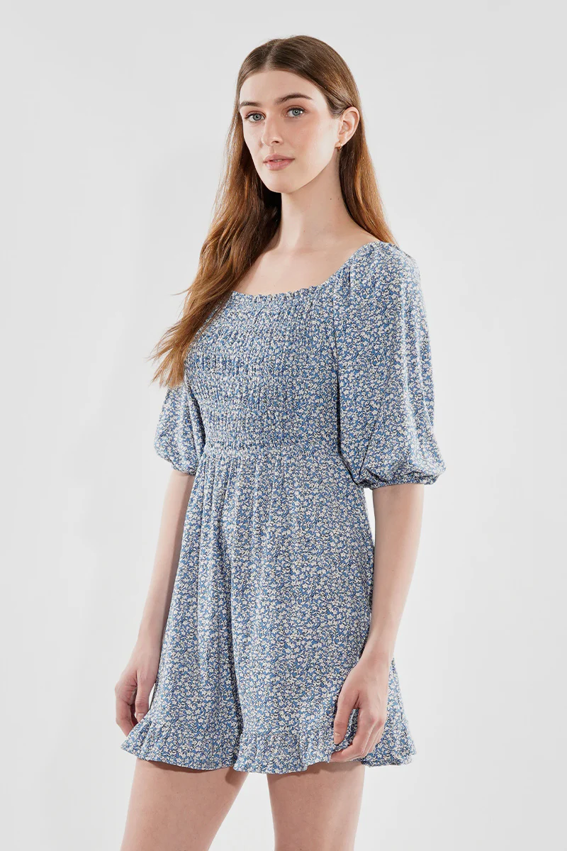 Beechers Brook Floral Puff Sleeve Smocked Day Dress - Blue - Image 2