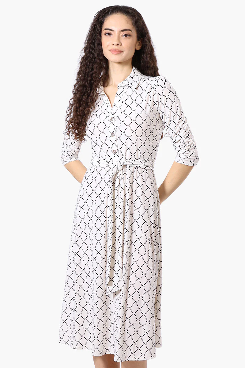 Beechers Brook Patterned Button Up Belted Midi Dress - White