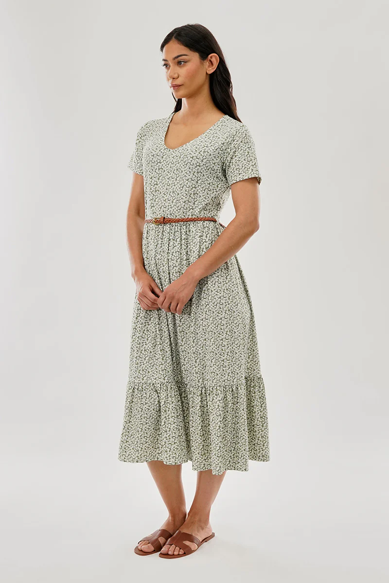 Beechers Brook Floral Belted Short Sleeve Midi Dress - Olive - Image 2