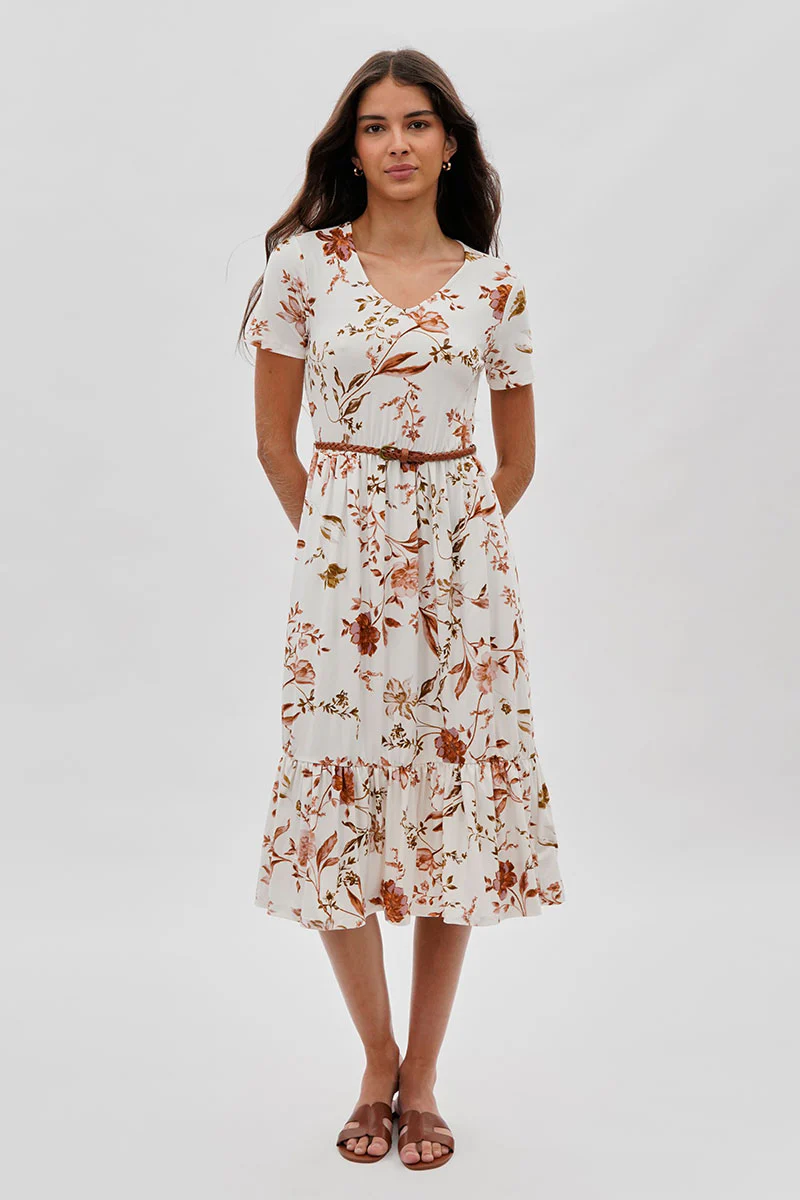 International INC Company Belted Short Sleeve Midi Dress - White
