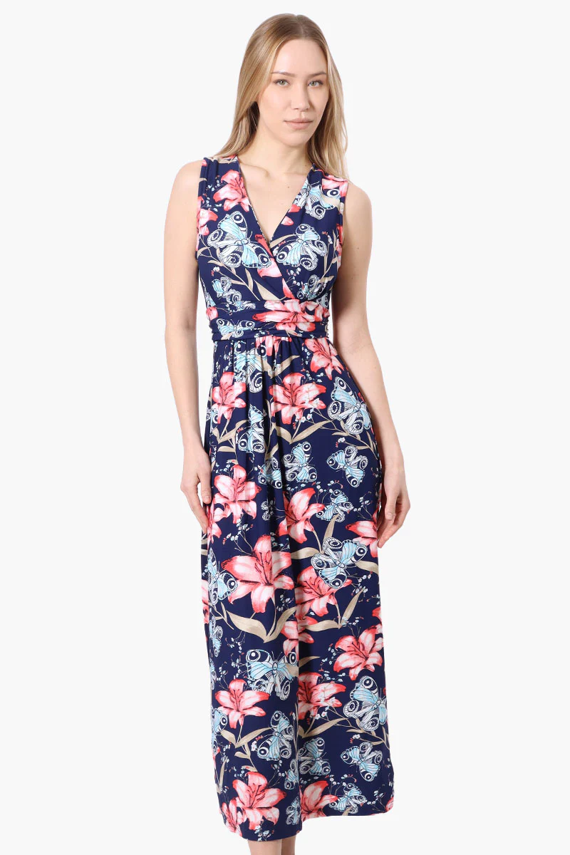 International INC Company Floral Crossover Back Tie Maxi Dress - Navy