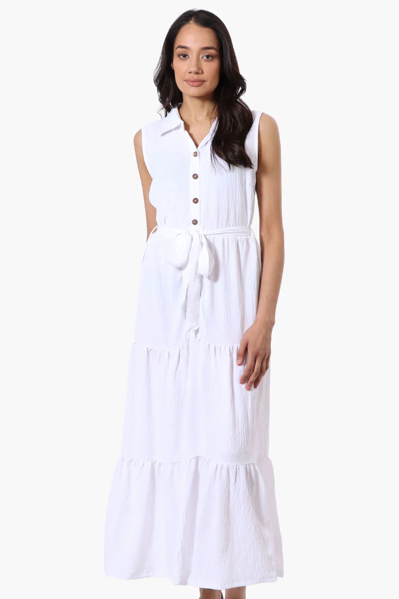 Stylexchange Belted Tiered Front Button Maxi Dress - White
