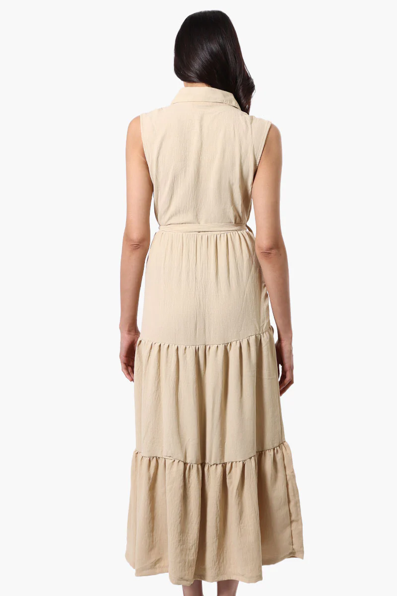 Stylexchange Belted Tiered Front Button Maxi Dress - Beige - Image 3