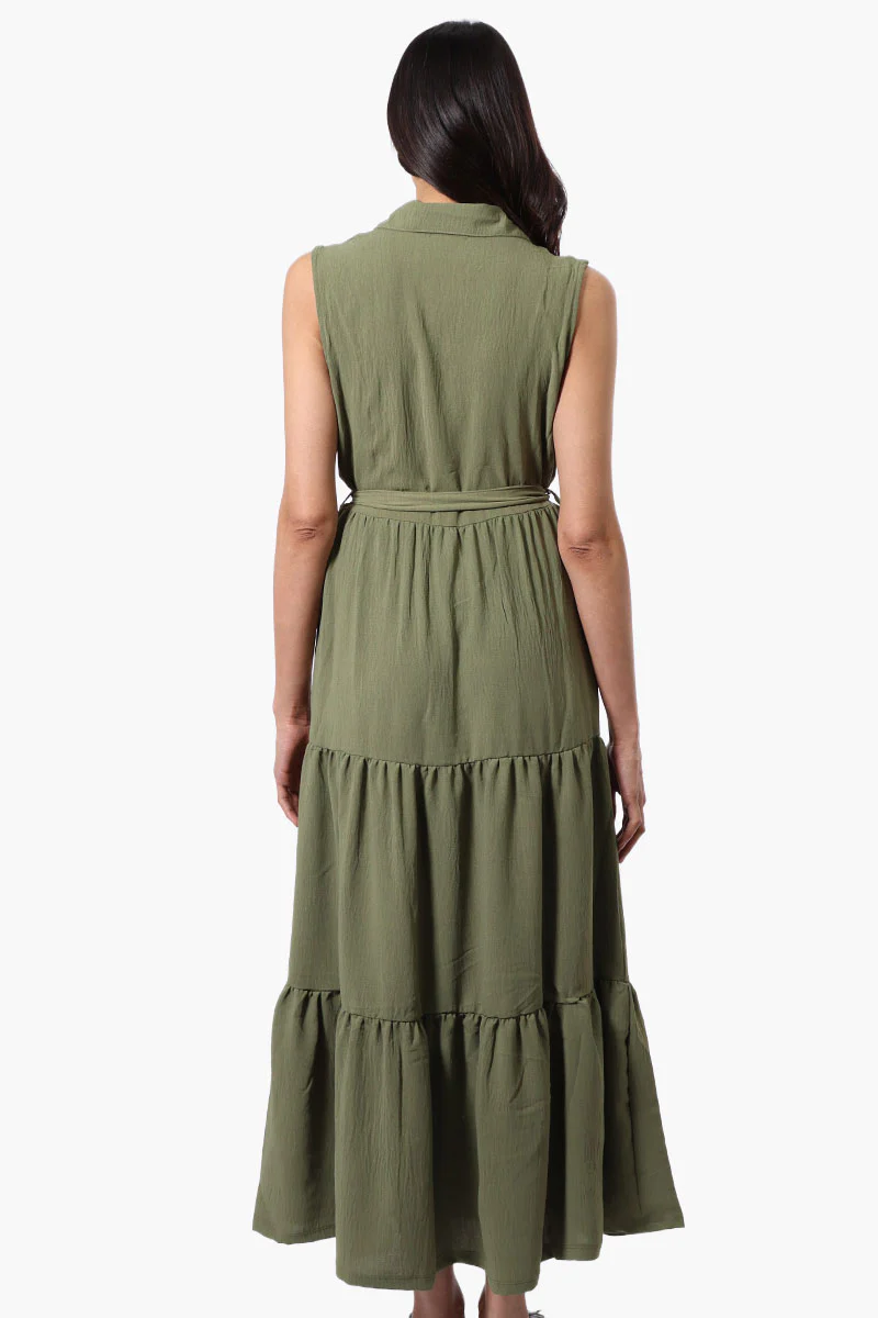 Stylexchange Belted Tiered Front Button Maxi Dress - Olive - Image 3