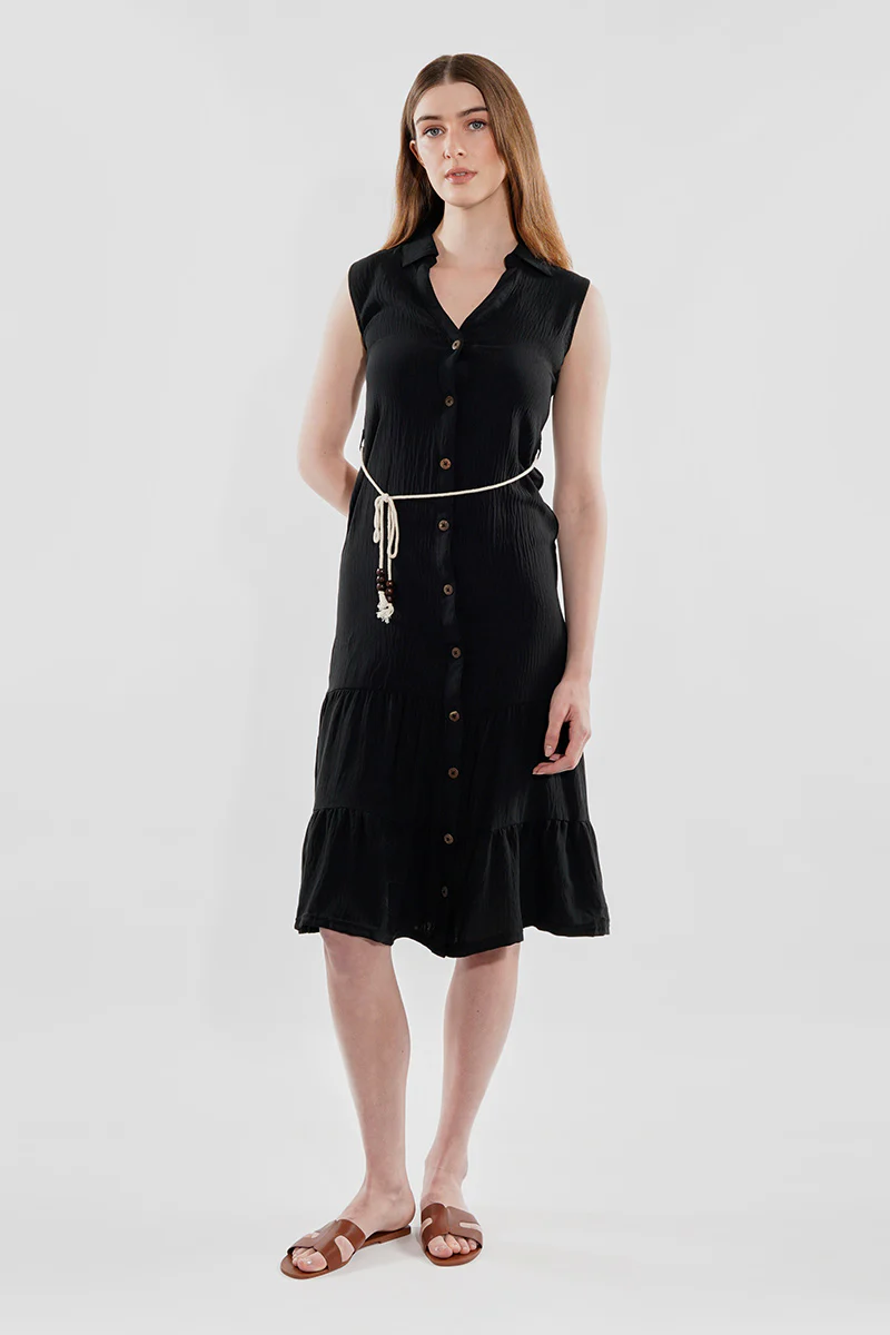 Stylexchange Rope Belted Button Down Day Dress - Black - Image 5