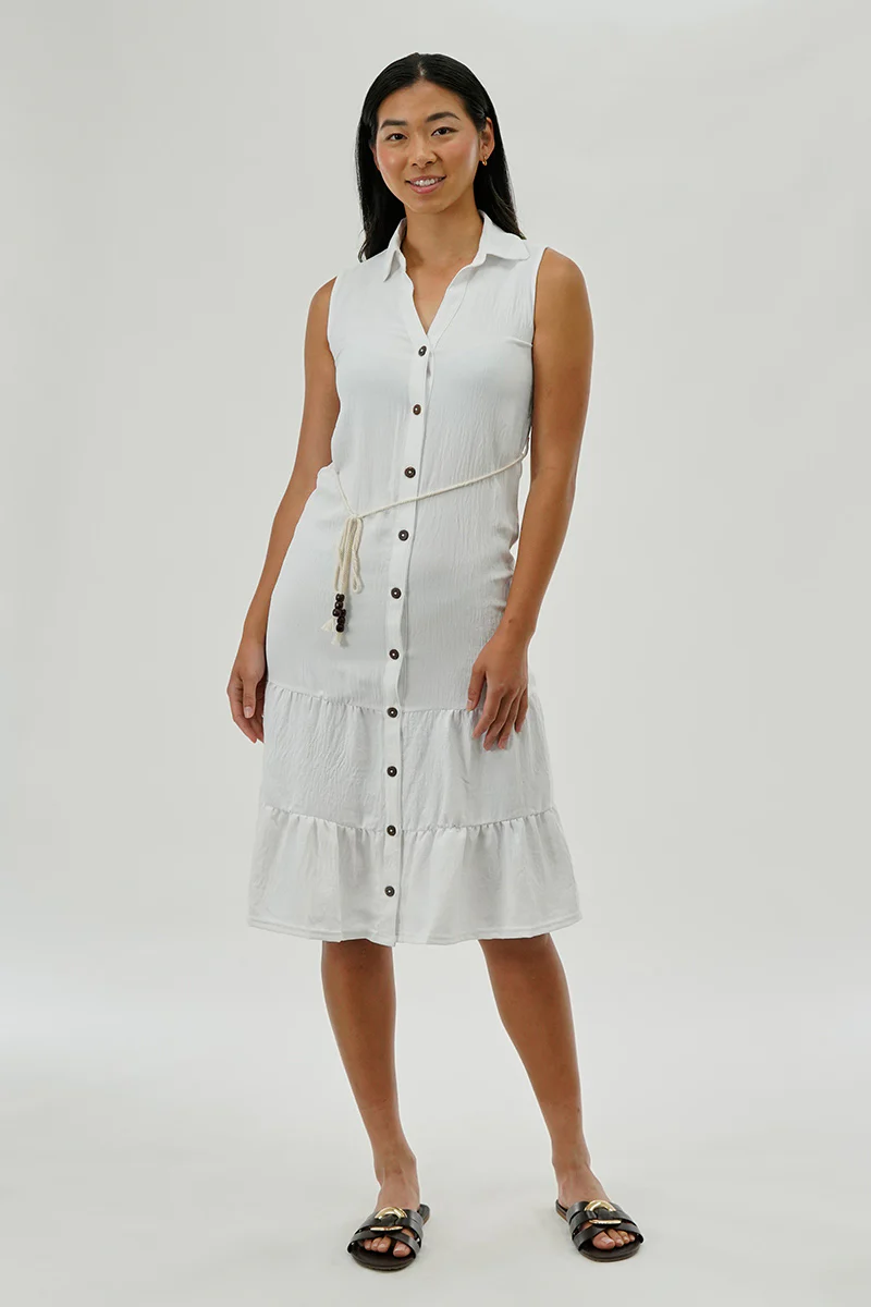 Stylexchange Vintage Rope Belted Button Down Day Dress - White