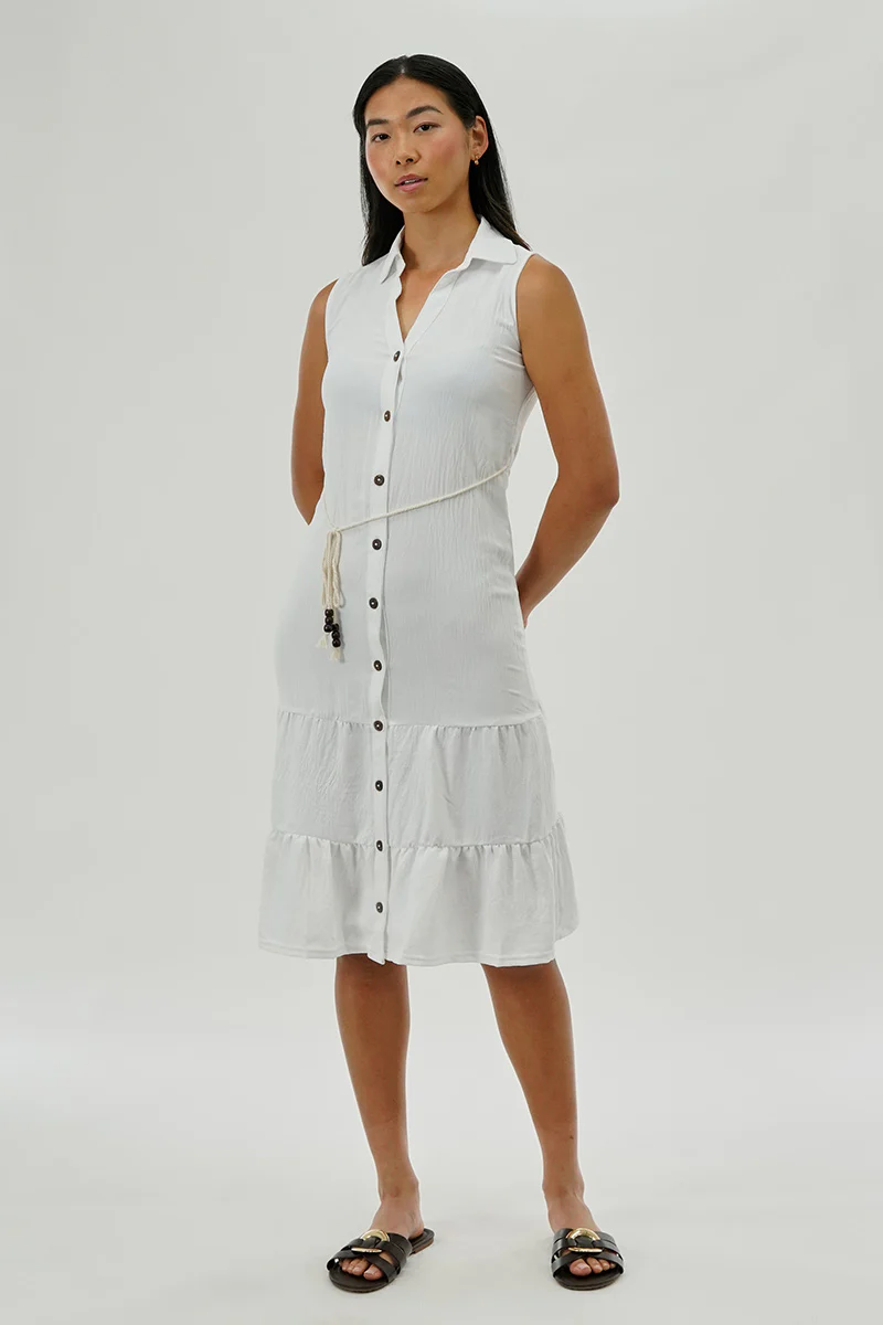 Stylexchange Vintage Rope Belted Button Down Day Dress - White - Image 5