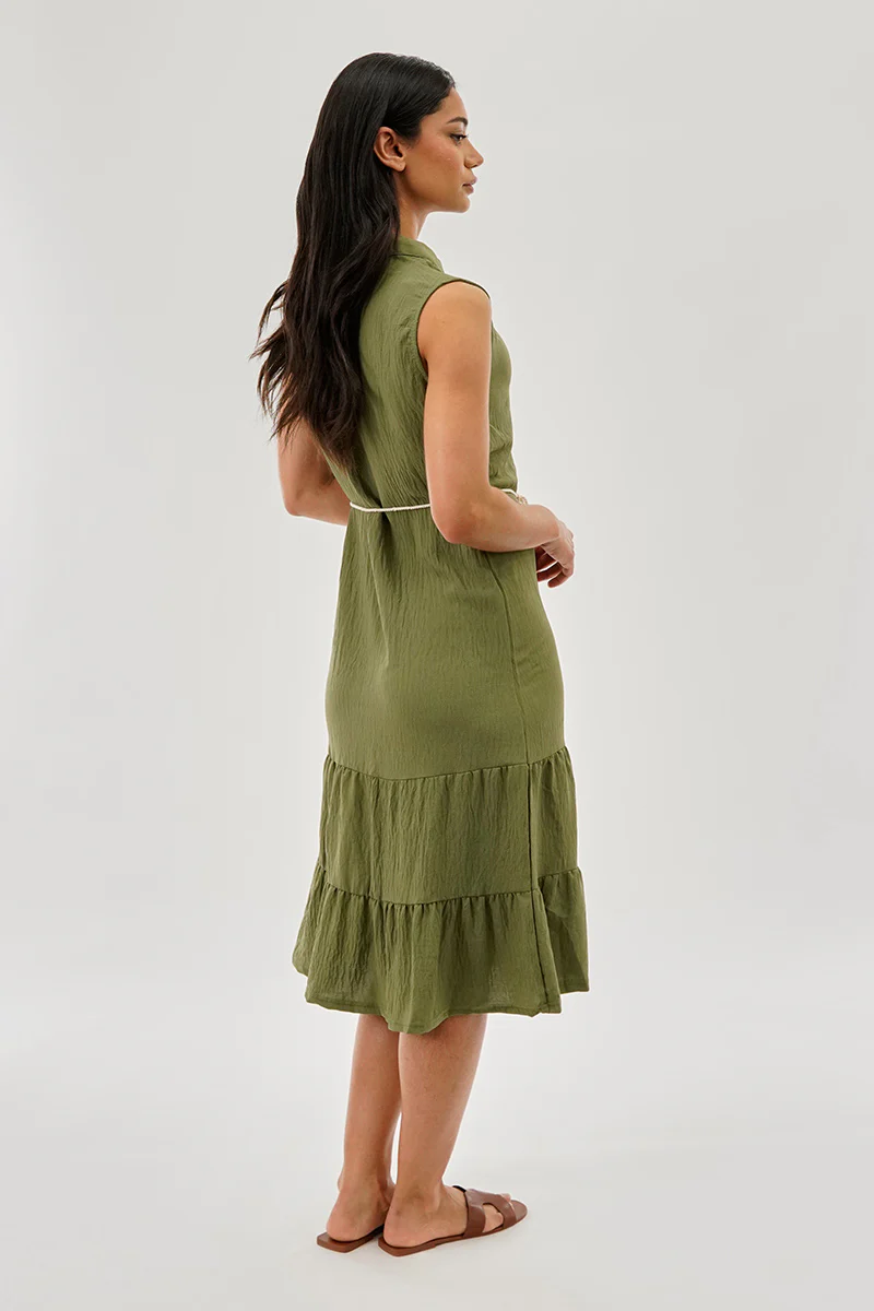 Stylexchange Rope Belted Button Down Day Dress - Olive - Image 3
