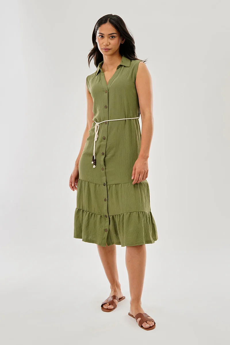 Stylexchange Rope Belted Button Down Day Dress - Olive - Image 5