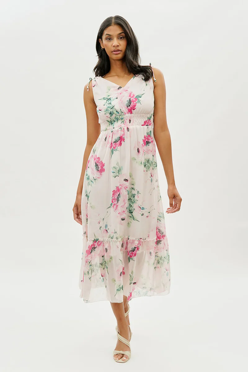 Limite Floral Smocked Waist Cocktail Dress - White