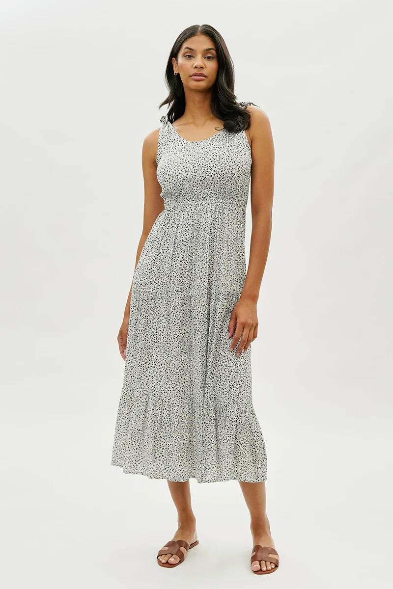Limite Floral Tiered Shoulder Tie Maxi Dress - White