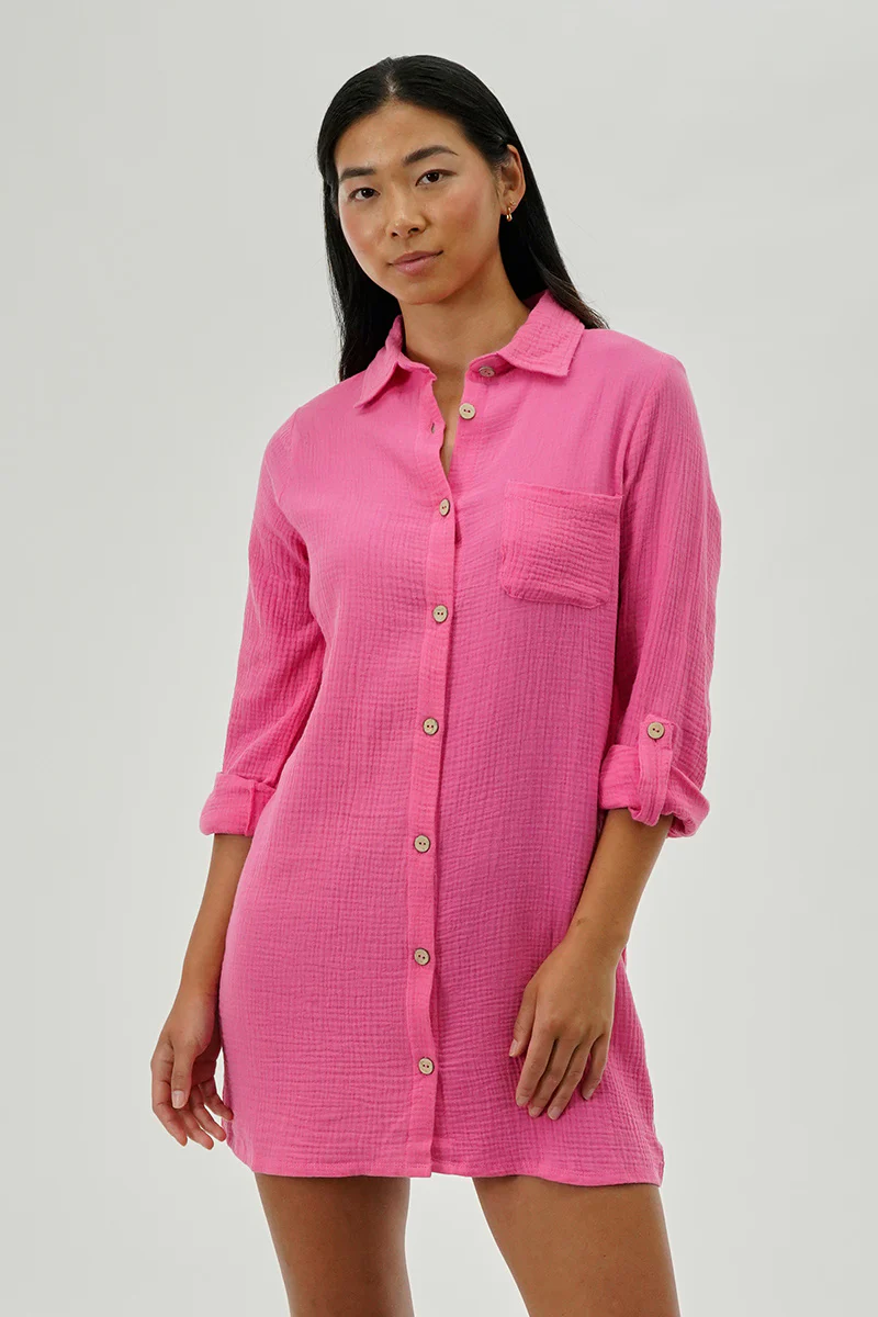 Impress Button Up Day Dress - Pink