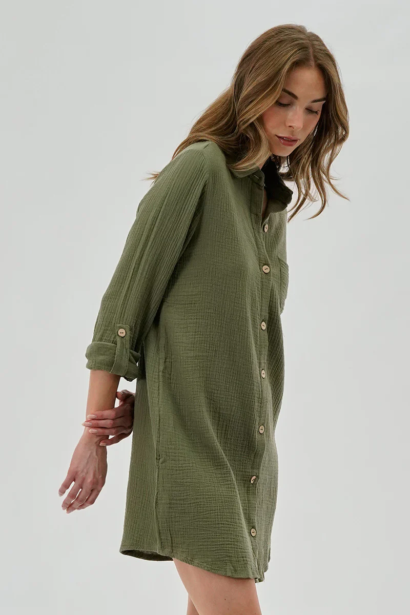 Impress Button Up Day Dress - Olive - Image 2