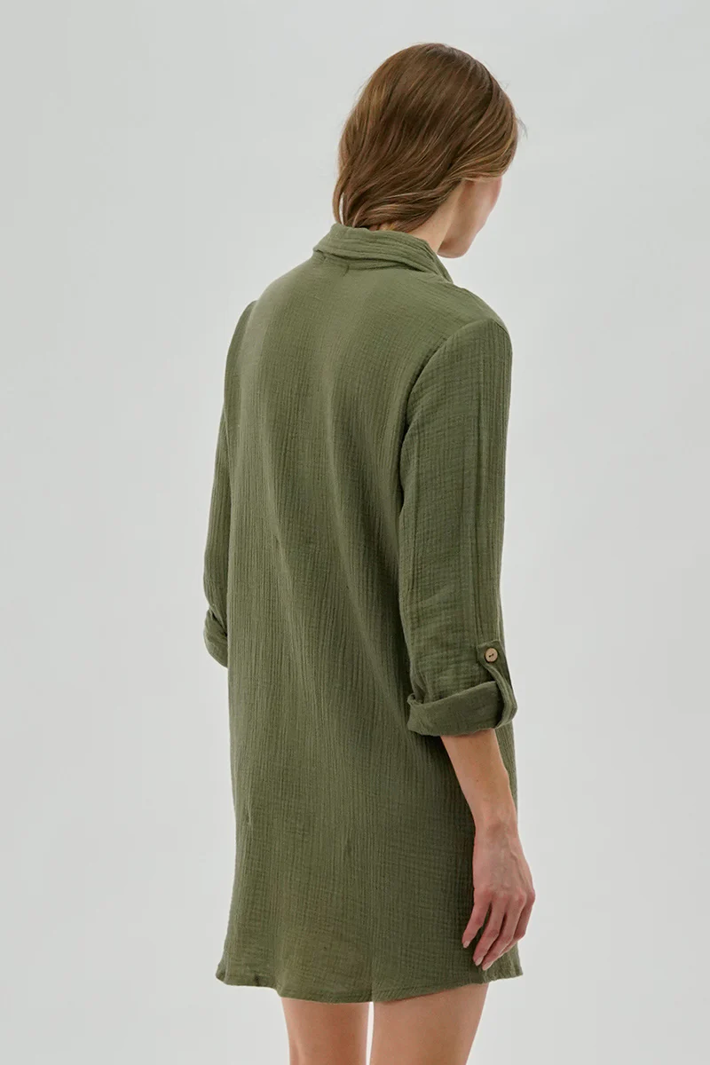 Impress Button Up Day Dress - Olive - Image 3