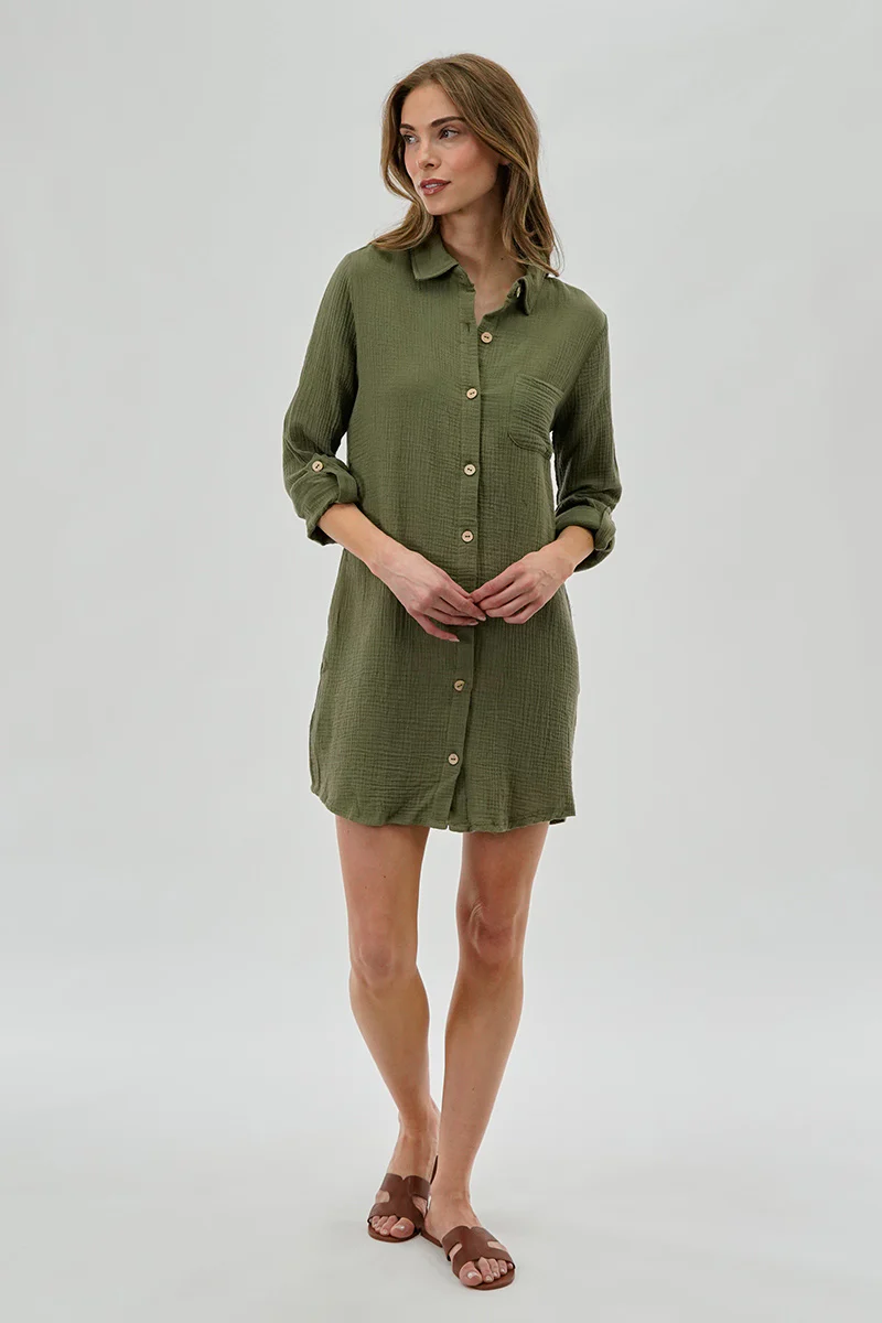 Impress Button Up Day Dress - Olive - Image 5