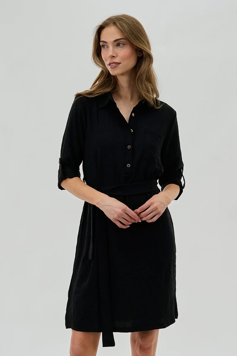 Urbanology Belted Button Up Day Dress - Black
