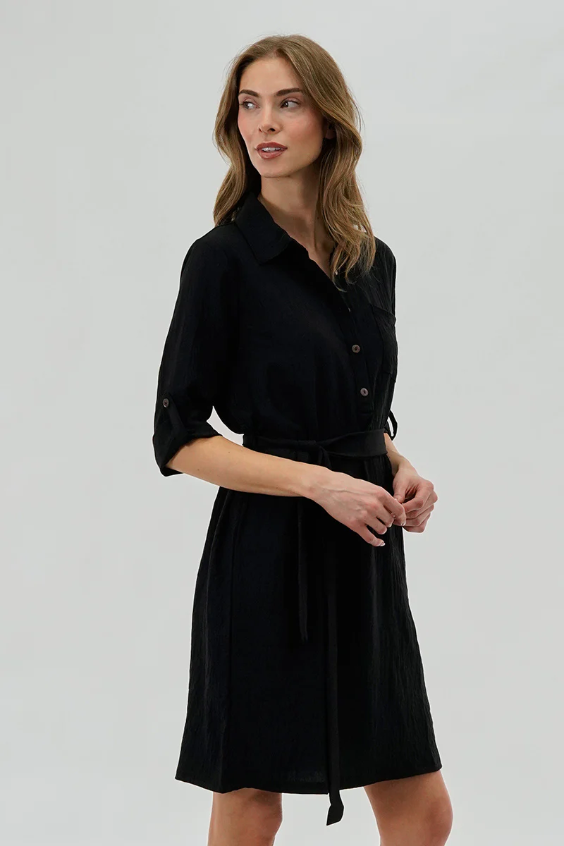 Urbanology Belted Button Up Day Dress - Black - Image 2