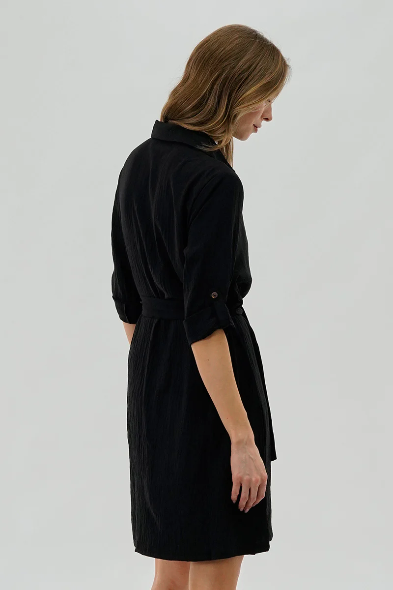 Urbanology Belted Button Up Day Dress - Black - Image 3