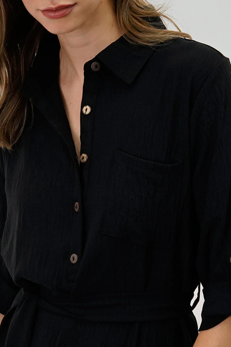 Urbanology Belted Button Up Day Dress - Black - Image 4