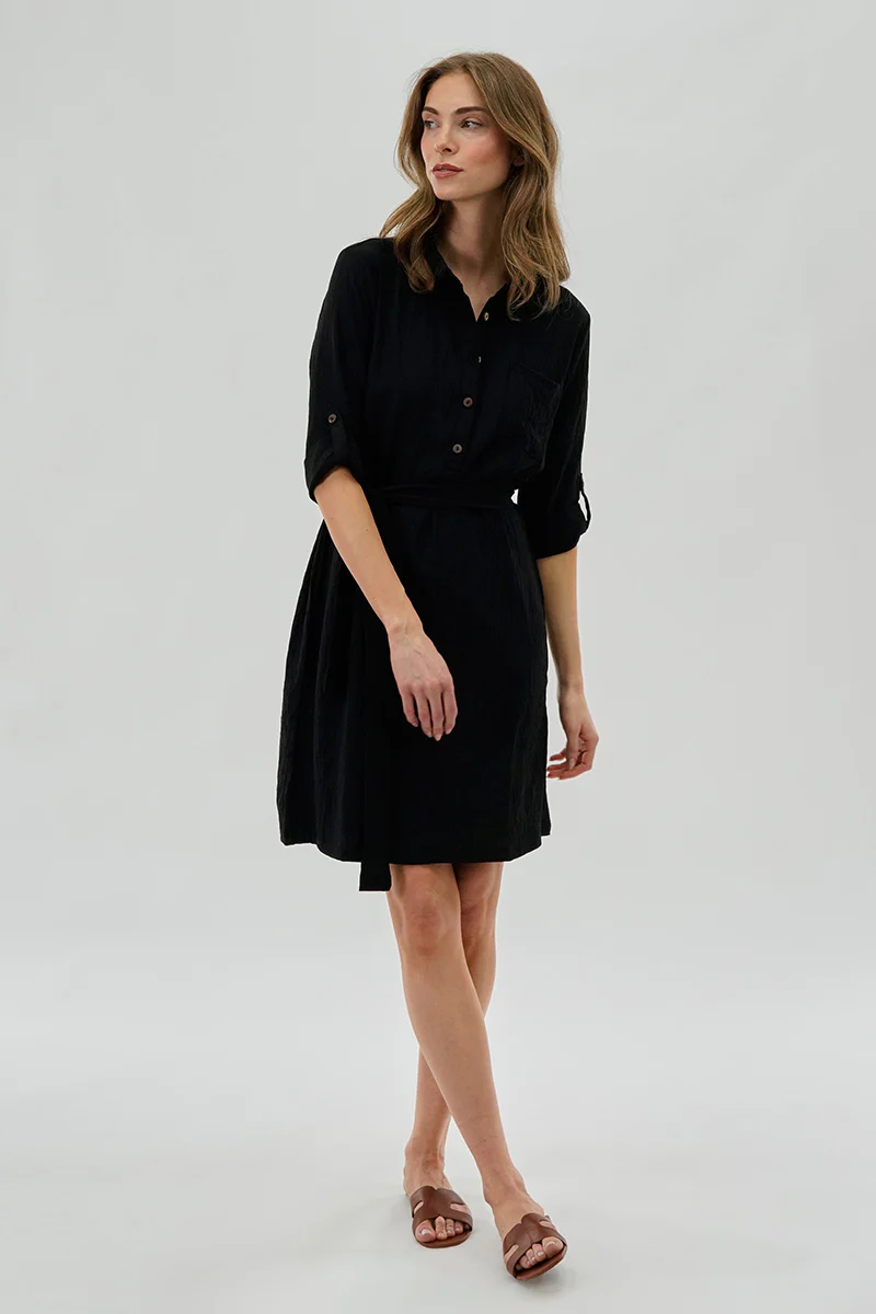 Urbanology Belted Button Up Day Dress - Black - Image 5
