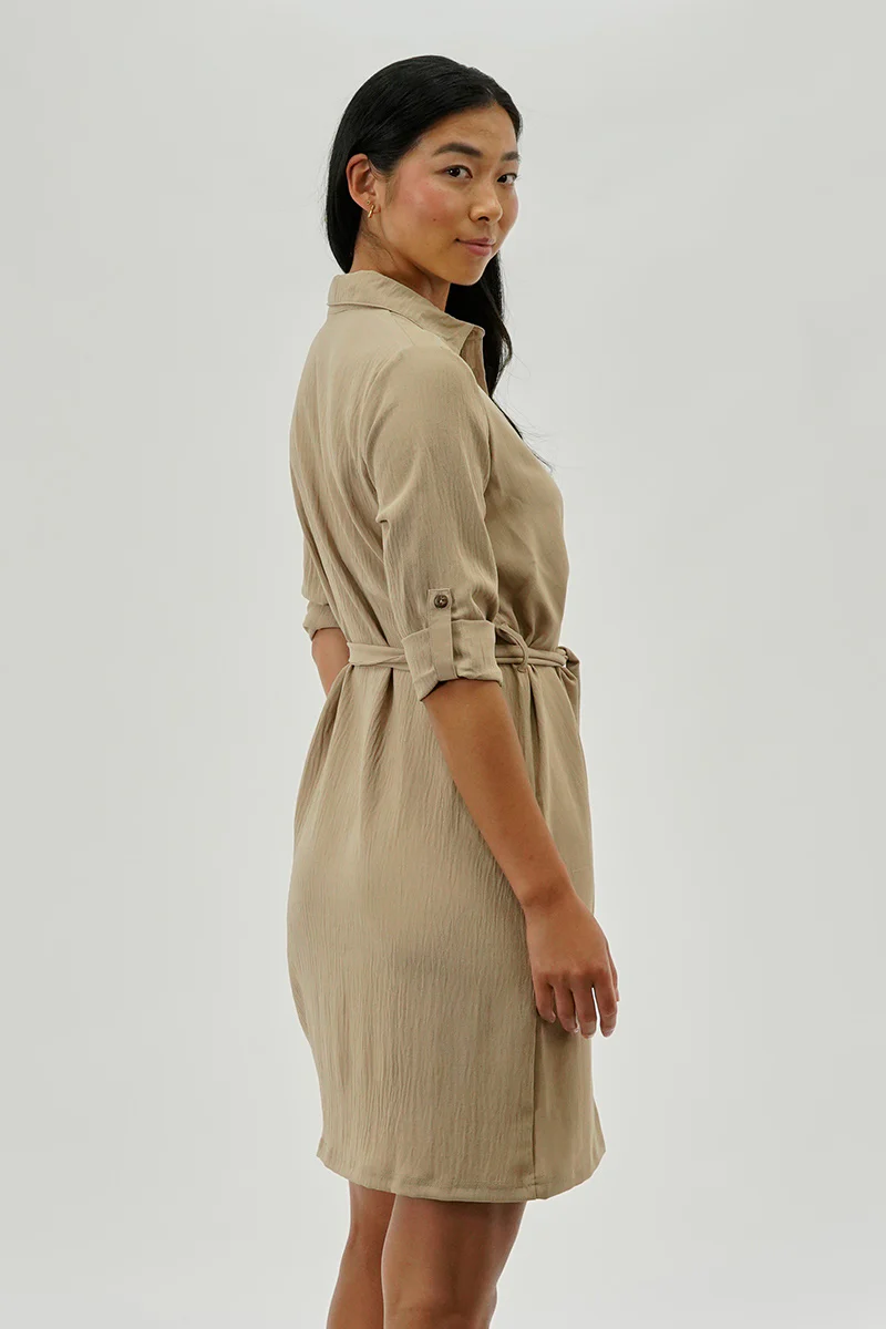Urbanology Belted Button Up Day Dress - Beige - Image 3