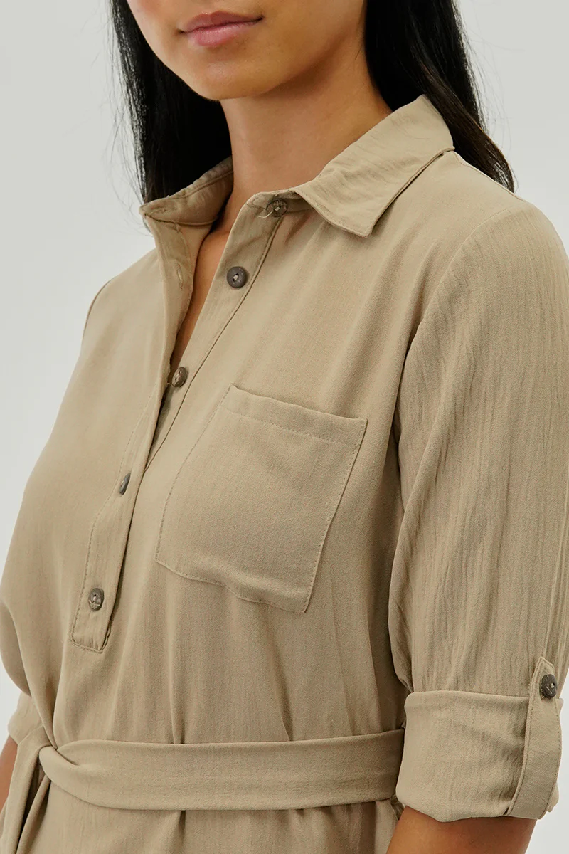 Urbanology Belted Button Up Day Dress - Beige - Image 4
