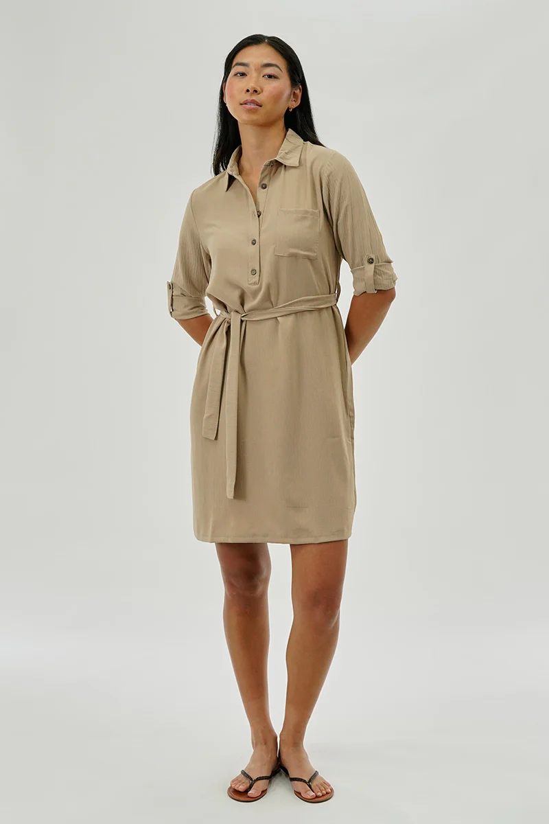 Urbanology Belted Button Up Day Dress - Beige - Image 5