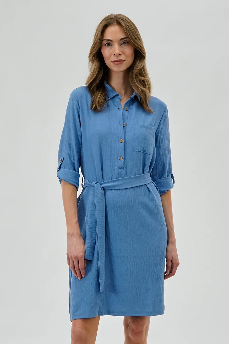 Urbanology Belted Button Up Day Dress - Blue