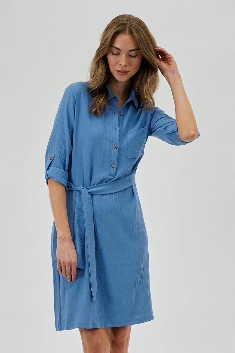 Urbanology Belted Button Up Day Dress - Blue - Image 2