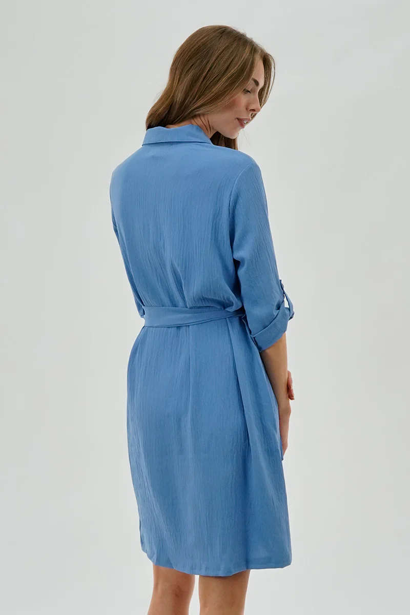 Urbanology Belted Button Up Day Dress - Blue - Image 3