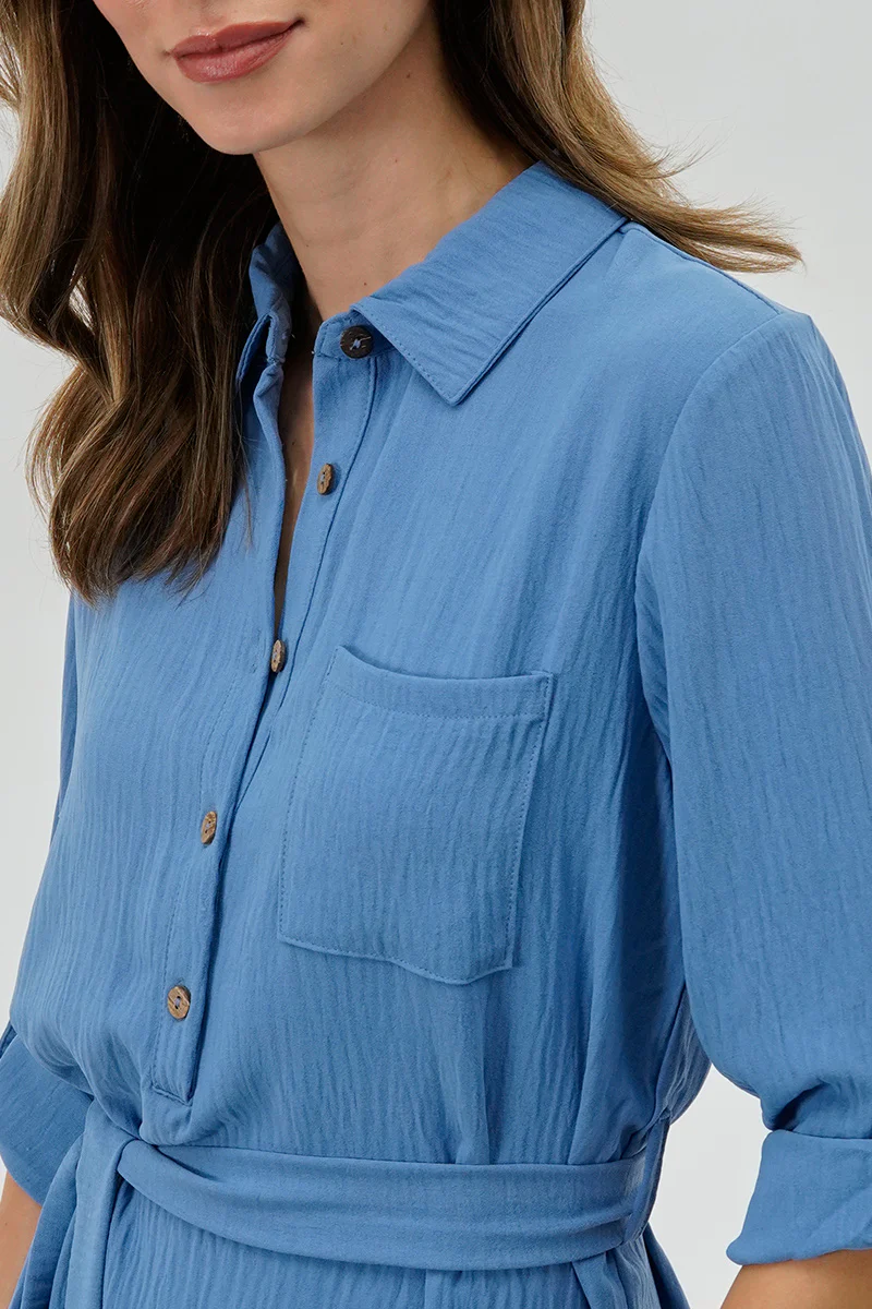 Urbanology Belted Button Up Day Dress - Blue - Image 4