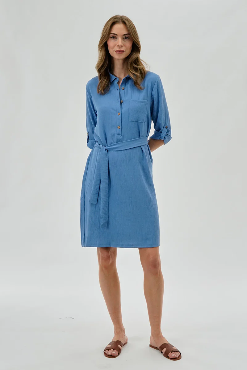 Urbanology Belted Button Up Day Dress - Blue - Image 5