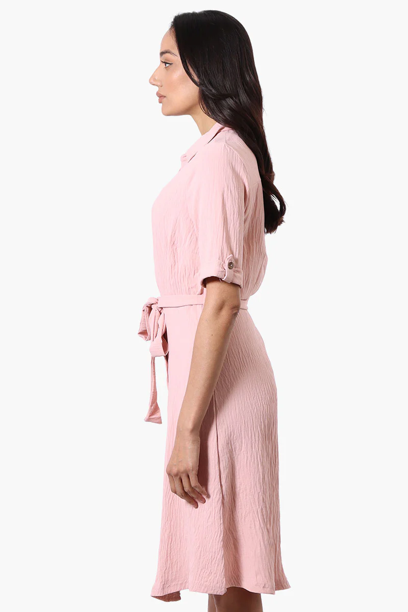 Urbanology Belted Roll Up Sleeve Day Dress - Pink - Image 2