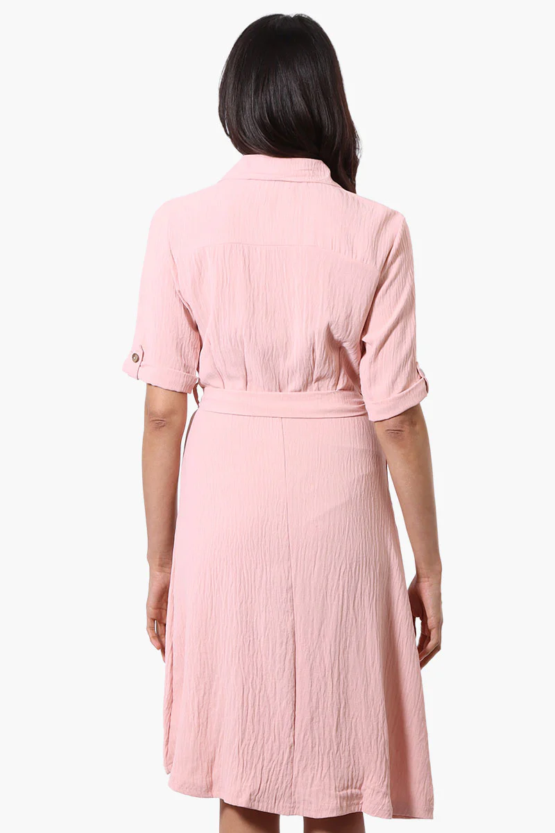 Urbanology Belted Roll Up Sleeve Day Dress - Pink - Image 3