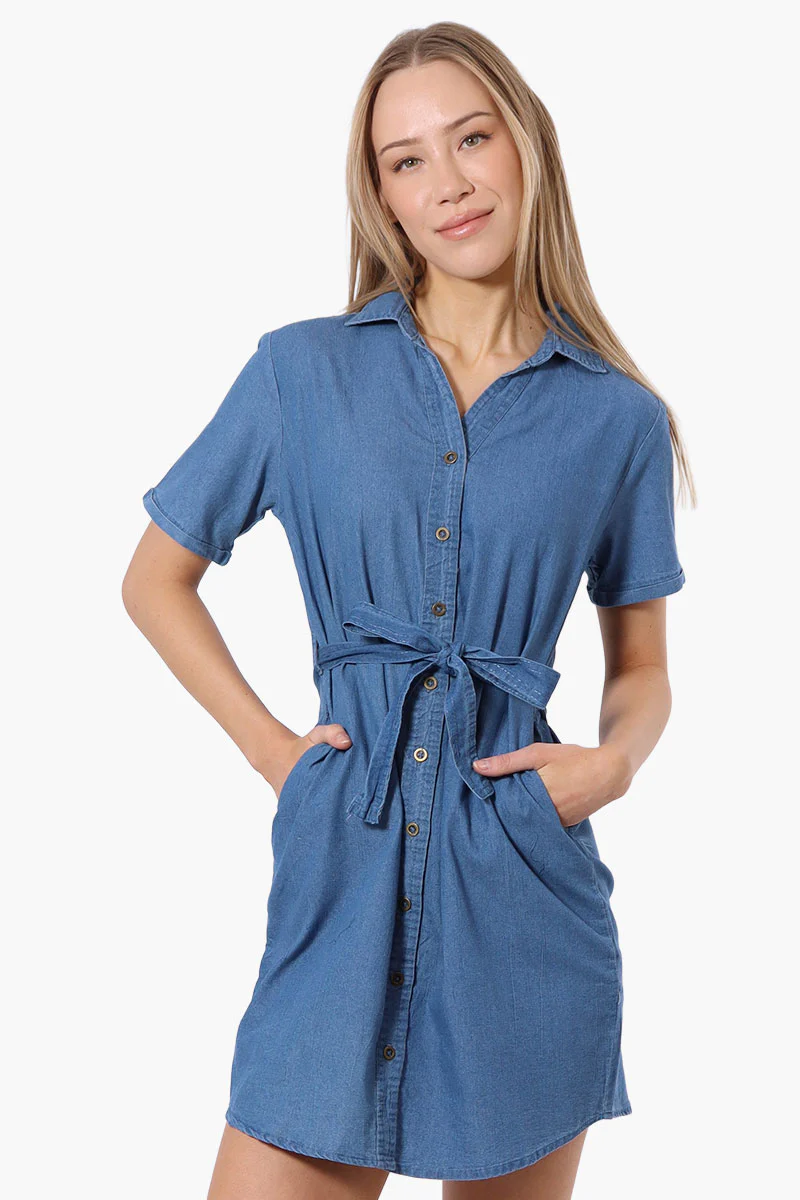 Impress Denim Button Down Short Sleeve Day Dress - Blue
