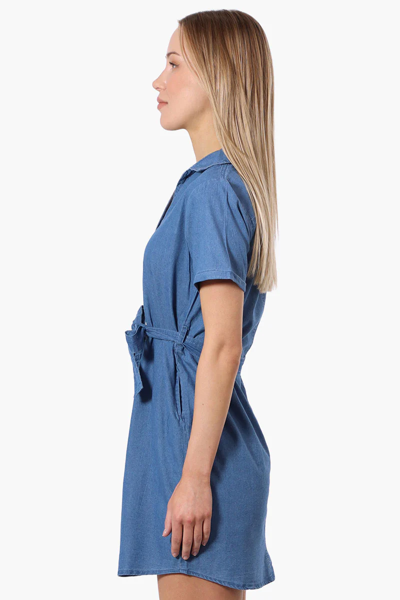 Impress Denim Button Down Short Sleeve Day Dress - Blue - Image 2