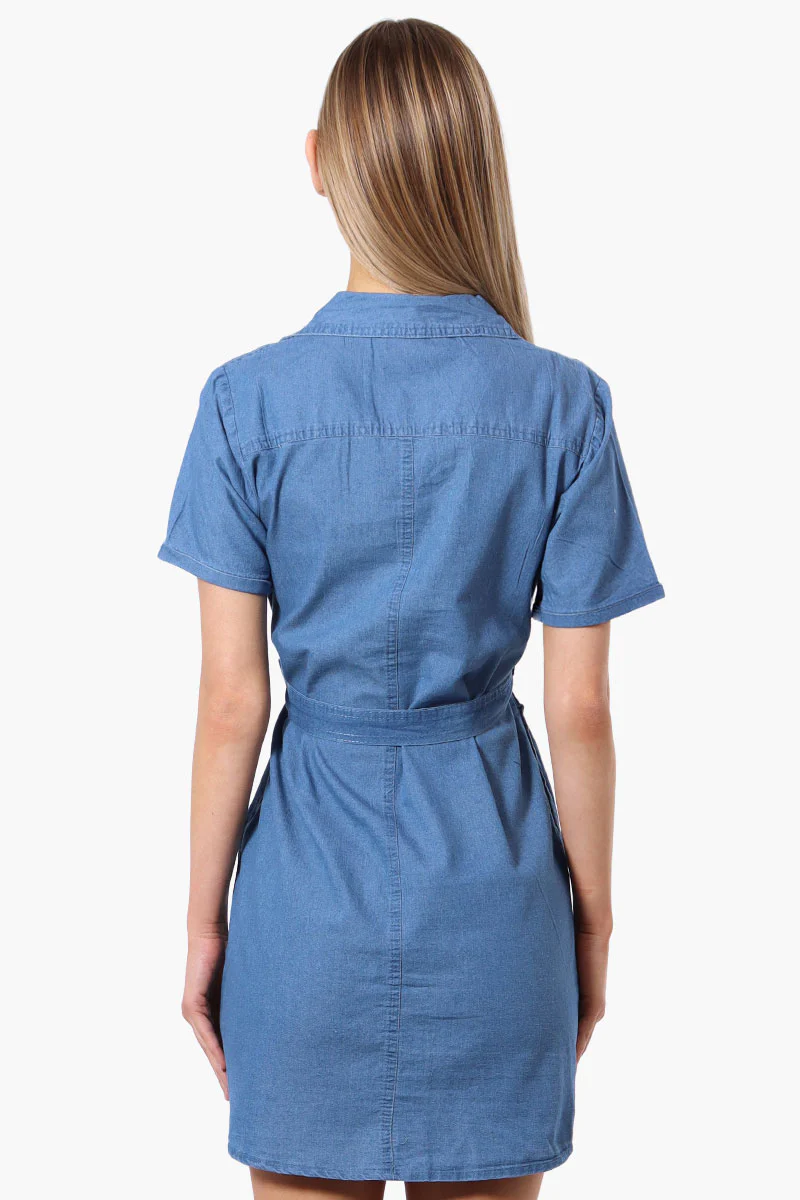 Impress Denim Button Down Short Sleeve Day Dress - Blue - Image 3