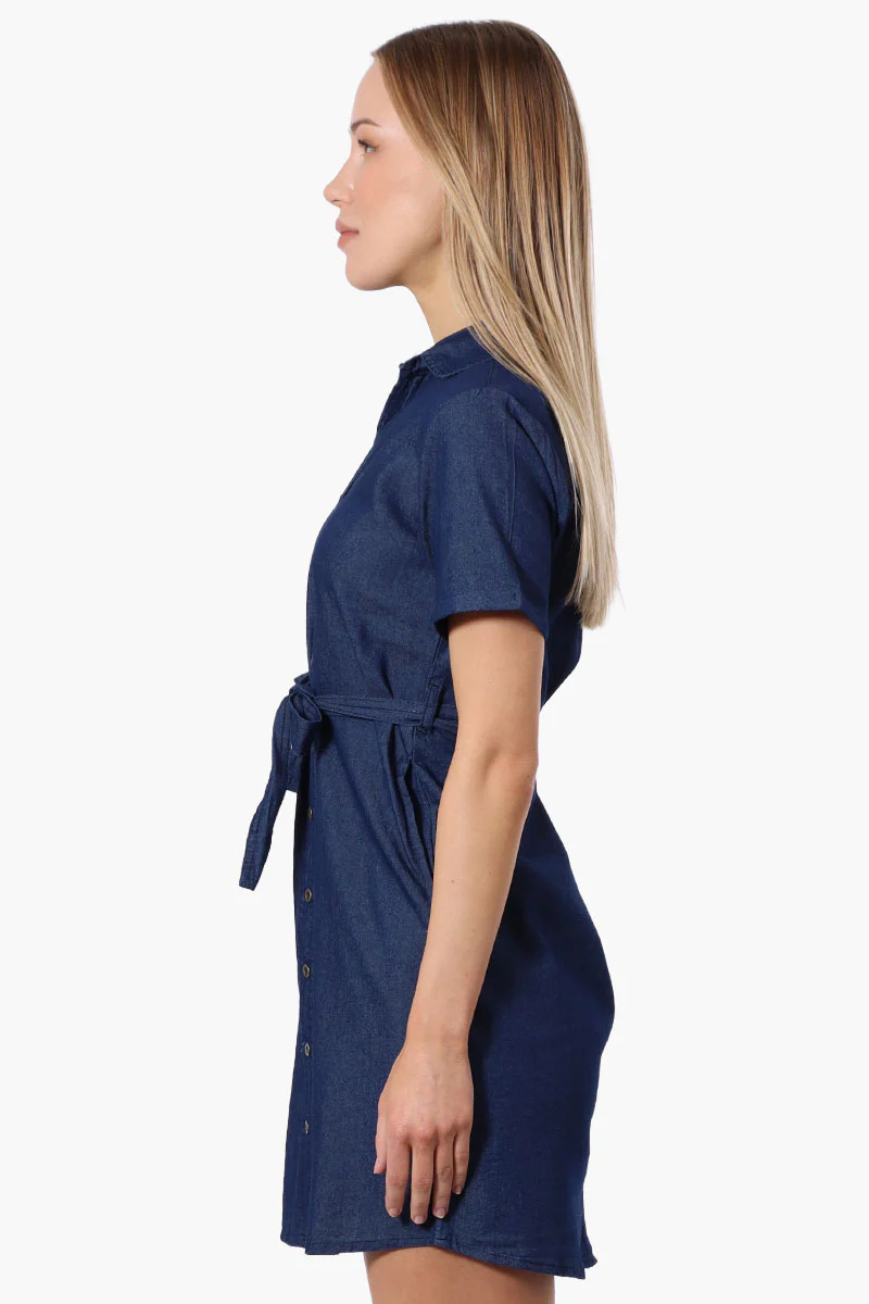 Impress Denim Button Down Short Sleeve Day Dress - Navy - Image 2