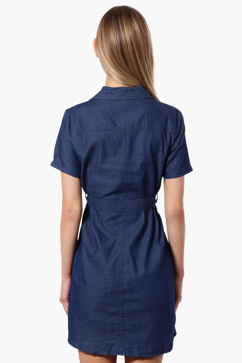 Impress Denim Button Down Short Sleeve Day Dress - Navy - Image 3