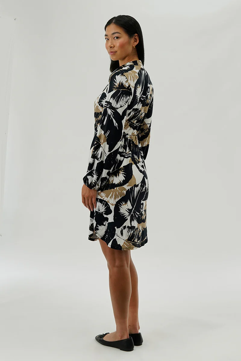 International INC Company Leaf Print Long Sleeve Day Dress - Black - Image 3