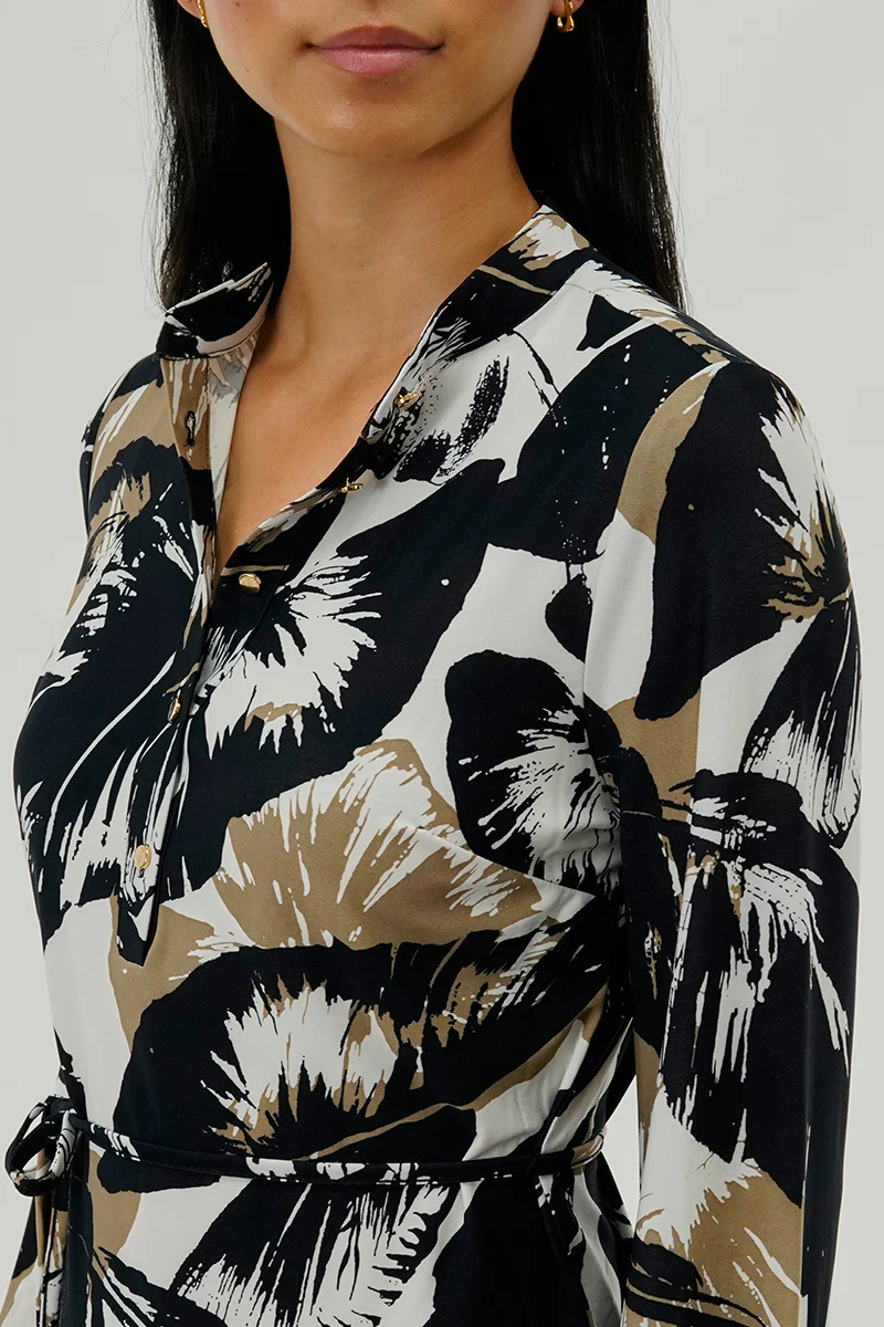 International INC Company Leaf Print Long Sleeve Day Dress - Black - Image 4