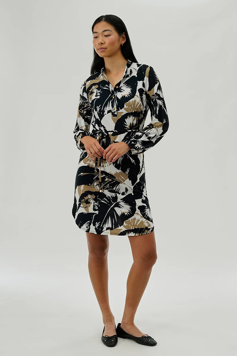 International INC Company Leaf Print Long Sleeve Day Dress - Black - Image 5