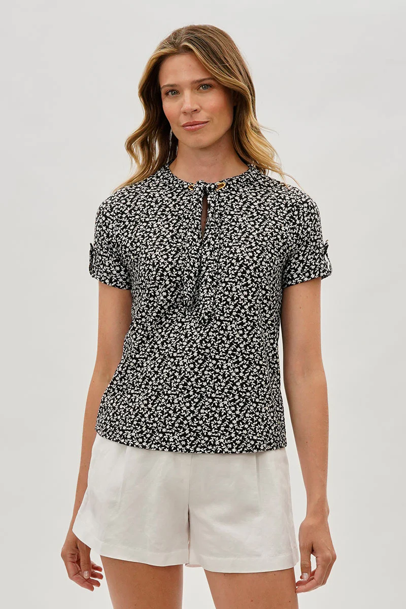 Beechers Brook Floral Tie-Neck Short Sleeve Blouse - Black