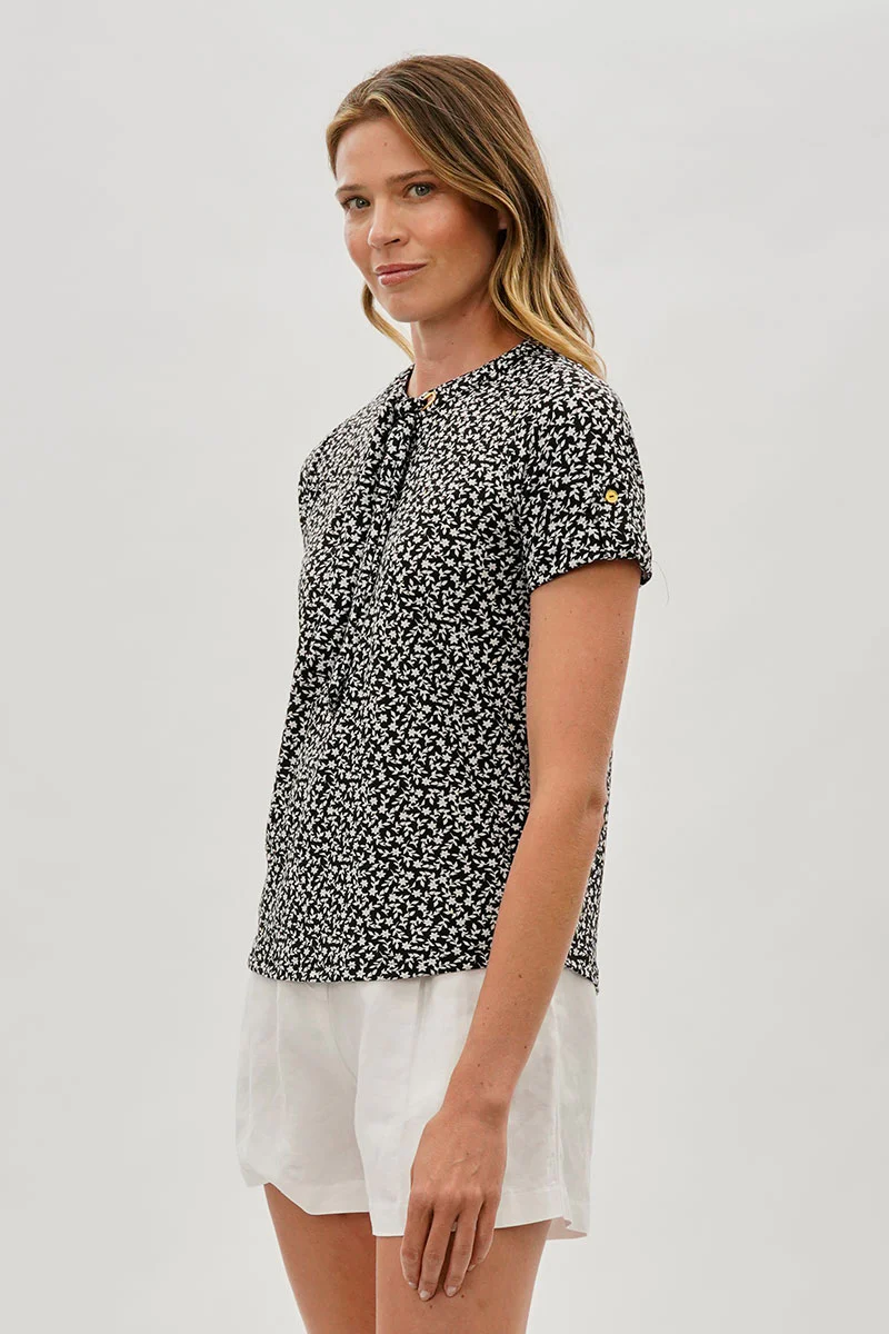 Beechers Brook Floral Tie-Neck Short Sleeve Blouse - Black - Image 2