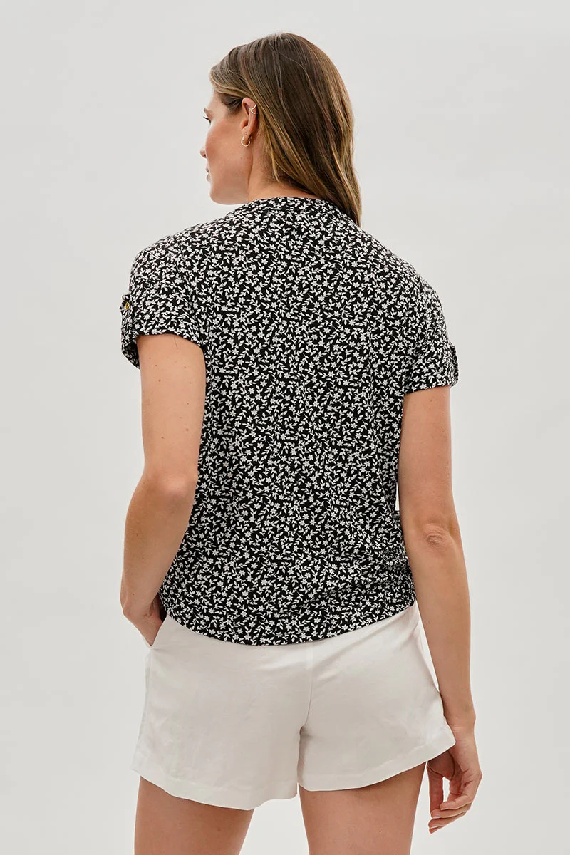 Beechers Brook Floral Tie-Neck Short Sleeve Blouse - Black - Image 3