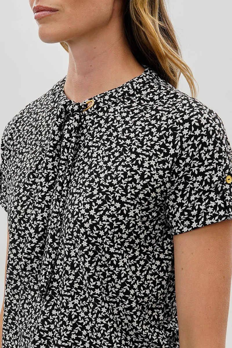 Beechers Brook Floral Tie-Neck Short Sleeve Blouse - Black - Image 4
