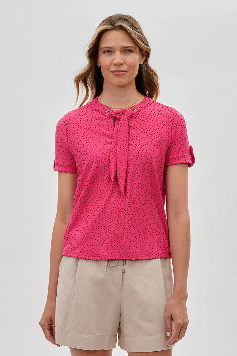 Beechers Brook Polka Dot Tie-Neck Short Sleeve Blouse - Pink